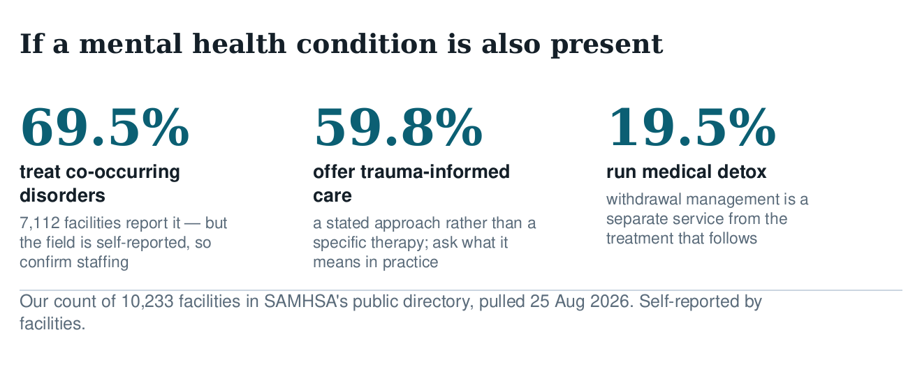 Three figures: 69.5% of facilities treat co-occurring disorders, 59.8% offer trauma-informed care, 19.5% run medical detox